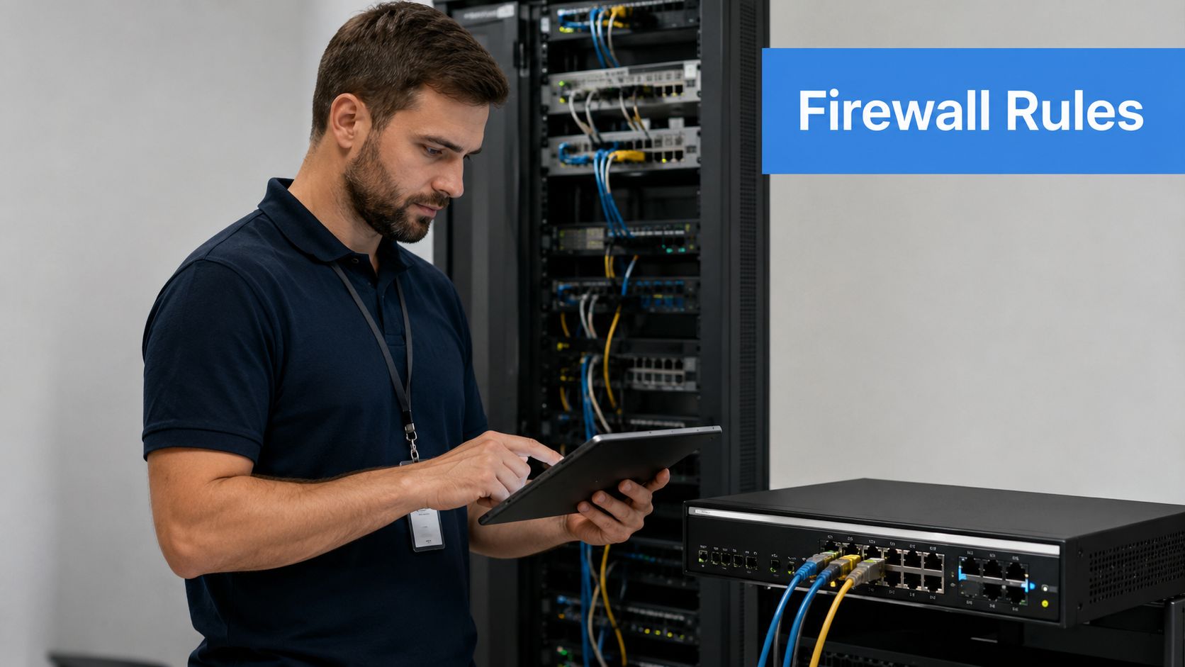 A technician using a tablet while configuring network equipment in a modern server room environment.