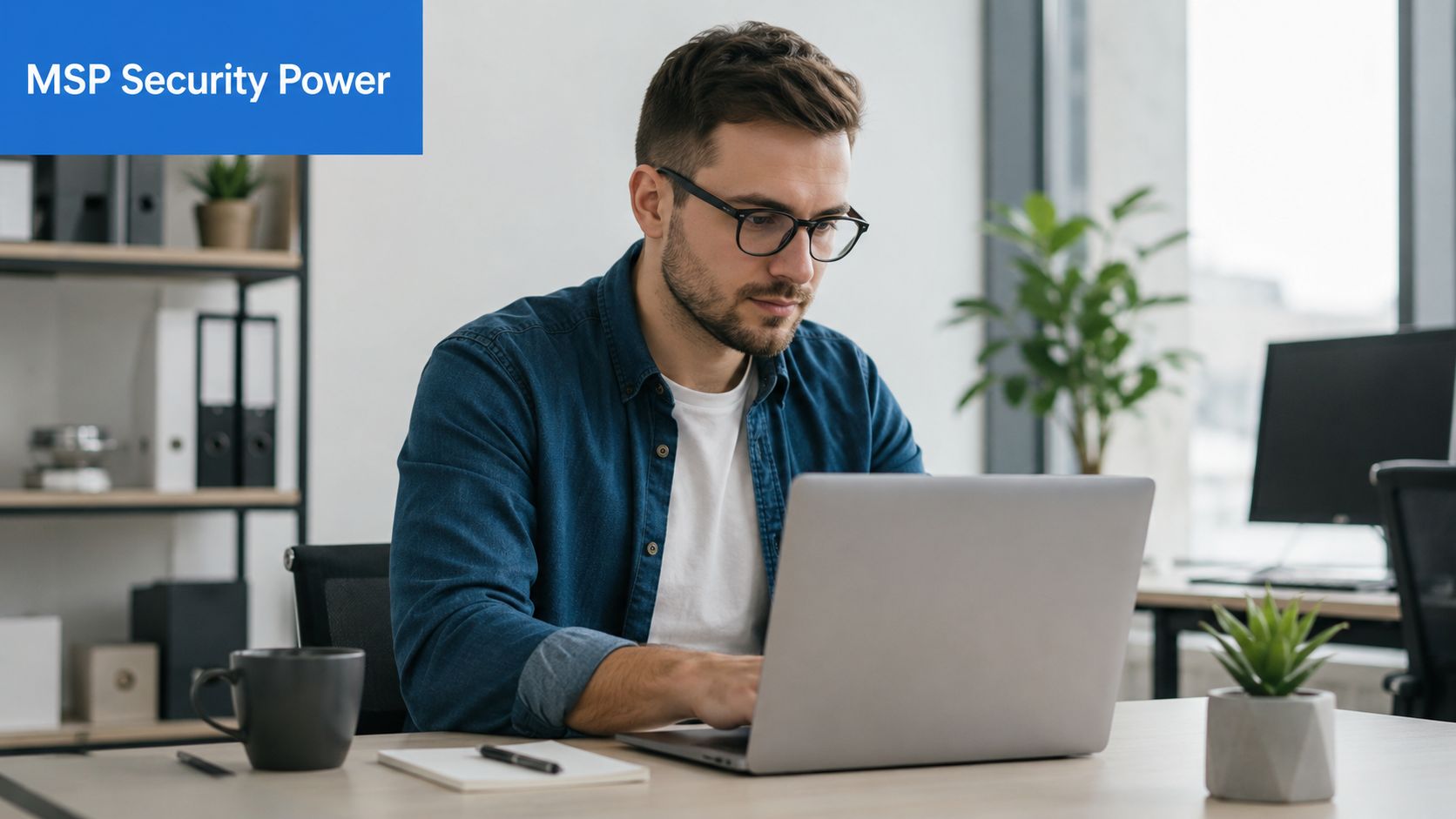 A focused professional with glasses works on his laptop in a modern, bright office environment.