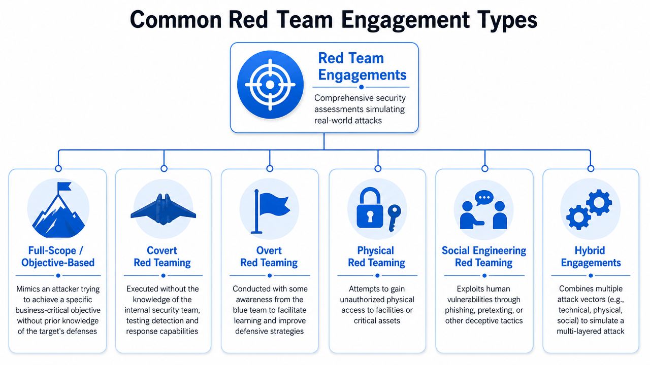 A flowchart diagram illustrating the six common types of red team security engagement assessments.