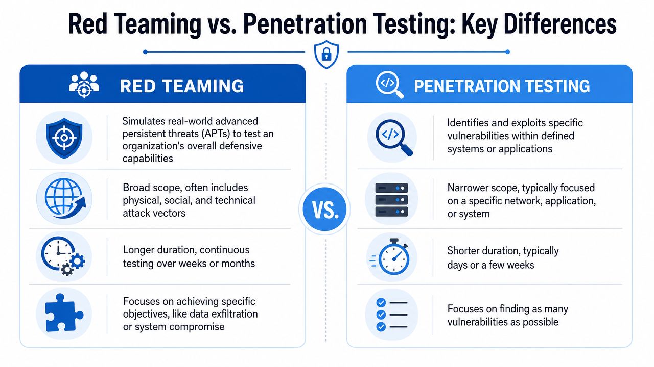 A comparison infographic detailing key differences between red teaming and penetration testing in cybersecurity practices.