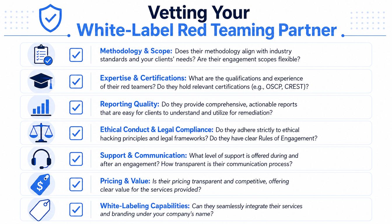 A checklist infographic outlining seven key criteria for vetting professional white-label red teaming service providers.