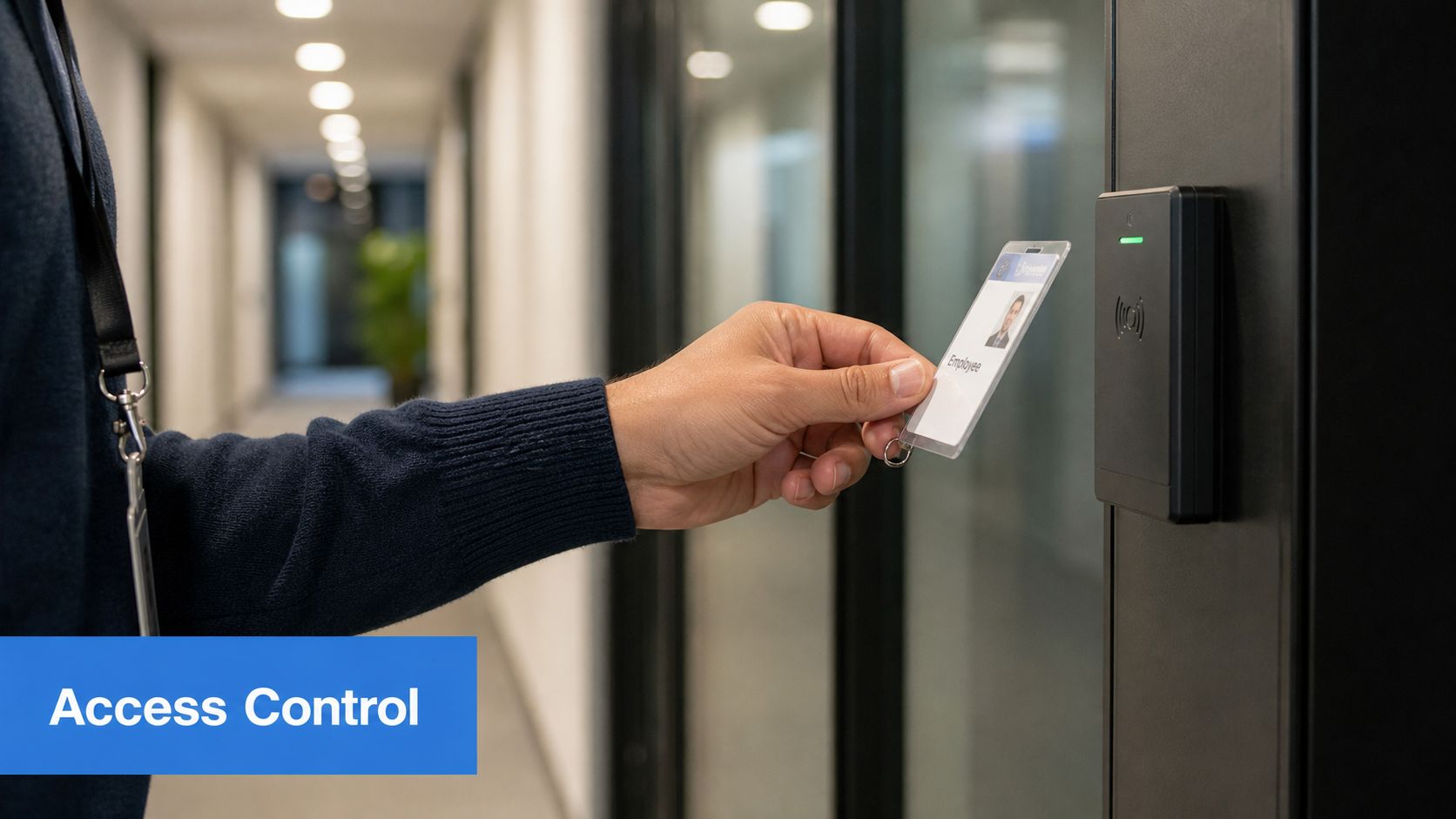 A person using an employee identification badge to access a secure door via a digital card reader.