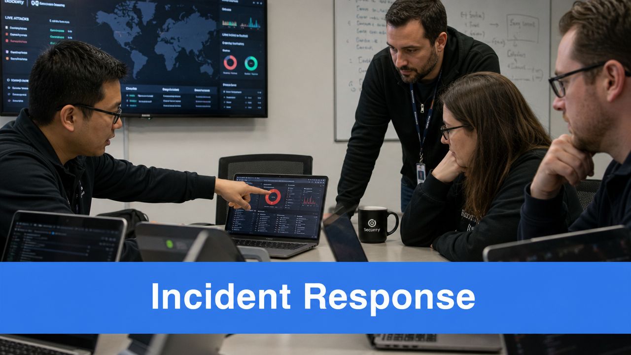 A diverse team of cybersecurity professionals analyzing data on computer screens during an incident response meeting.