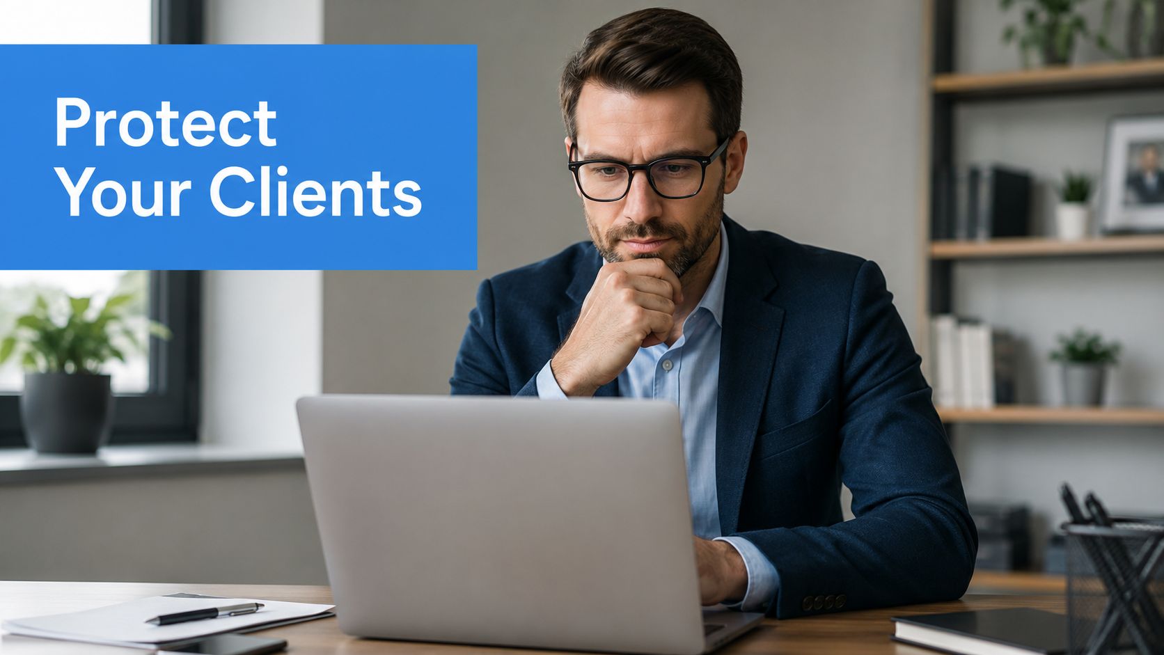 A professional man wearing glasses looking thoughtfully at his laptop screen while working in an office.