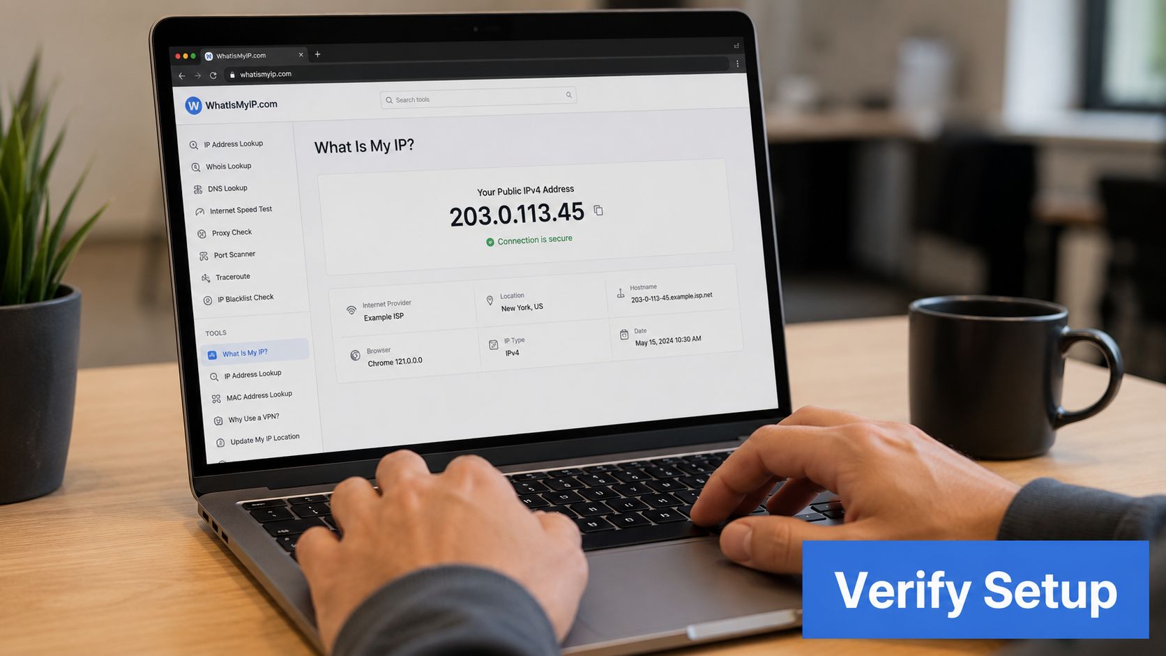 A person using a laptop to check their public IPv4 address on a website called WhatIsMyIP.