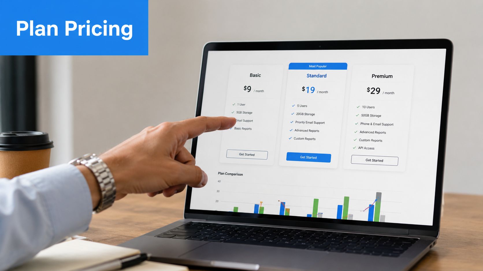 A person pointing at a laptop screen displaying a software service pricing comparison table plan.