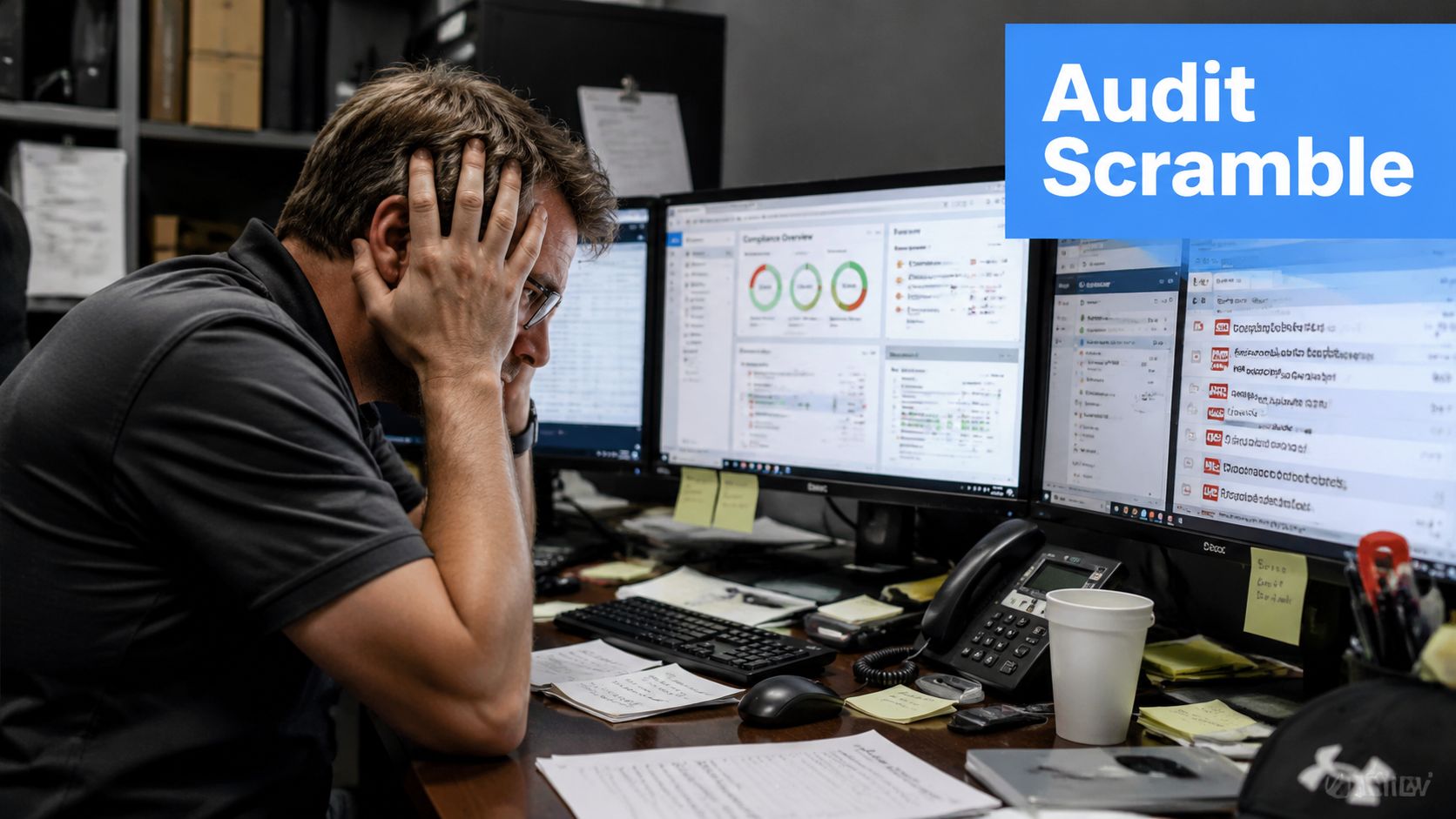 A stressed man looking at computer monitors during an intense audit readiness assessment at a desk.