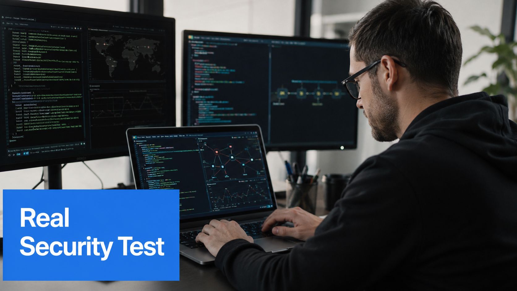 A professional software developer working on security code at a multi-monitor workstation with complex data visualizations.