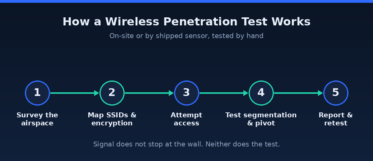 Five-step wireless penetration testing process: survey the airspace, map SSIDs and encryption, attempt access, test segmentation and pivot, report and retest.