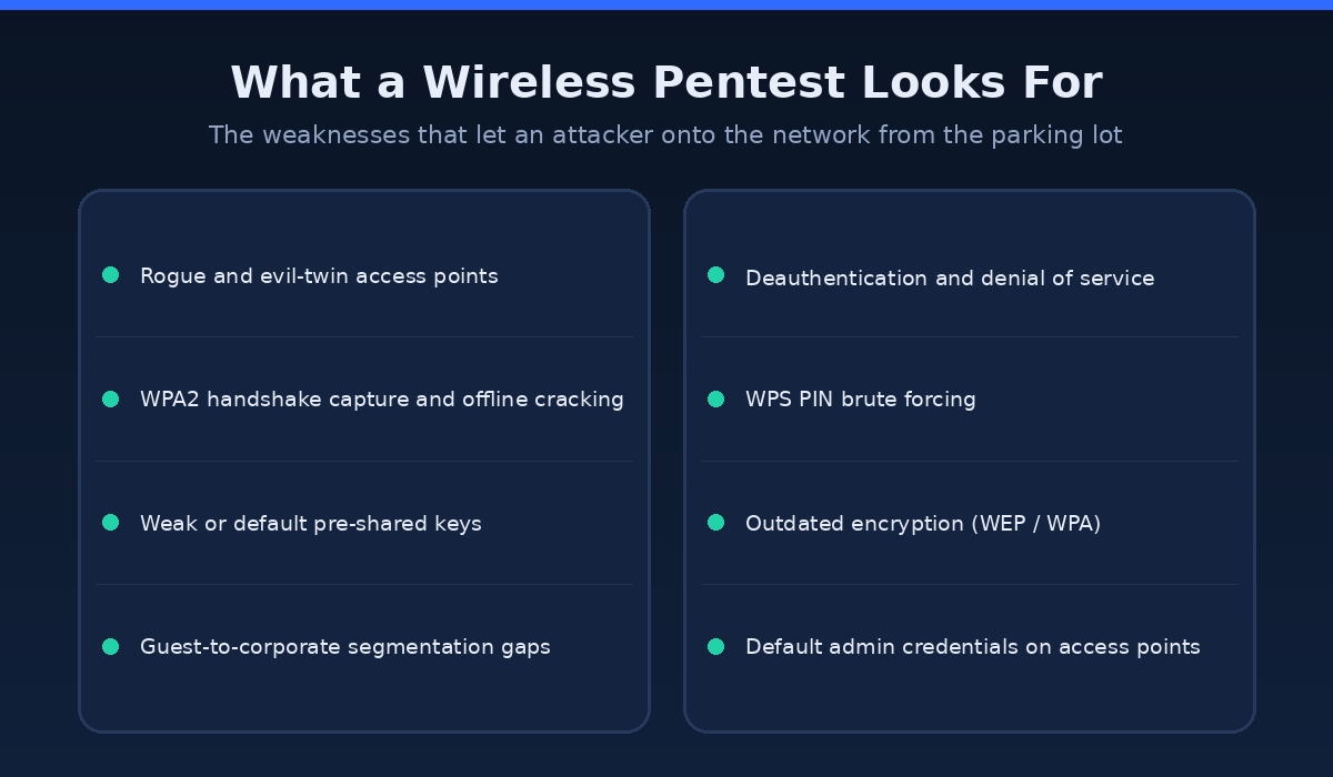 What a wireless penetration test looks for: rogue and evil-twin access points, WPA2 handshake cracking, weak pre-shared keys, guest-to-corporate segmentation gaps, deauthentication, WPS brute forcing, outdated encryption, and default admin credentials.