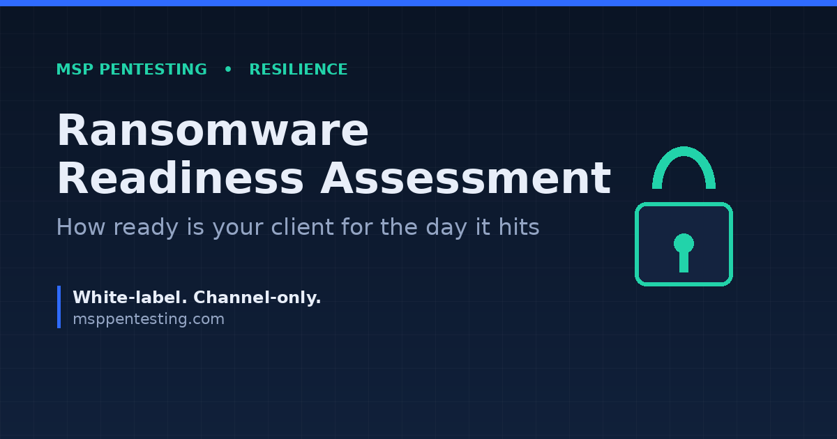 Ransomware Readiness Assessment title graphic with an open padlock icon on a dark MSP Pentesting branded background.