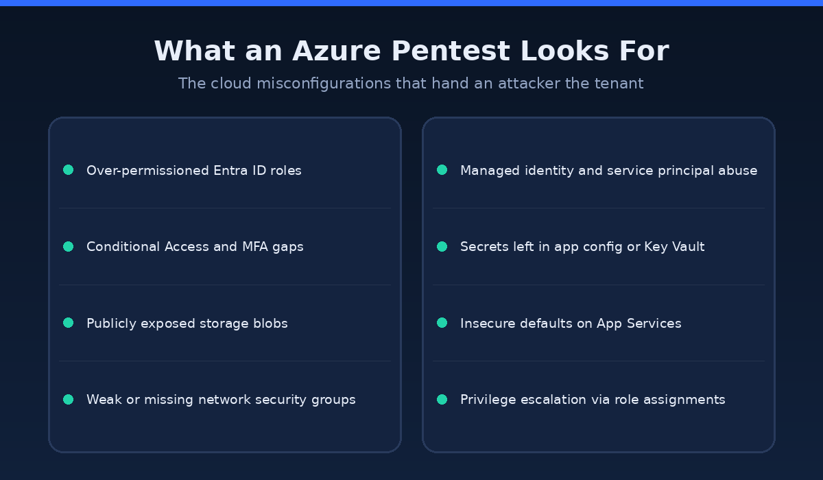 What an Azure penetration test looks for: over-permissioned Entra ID roles, Conditional Access and MFA gaps, publicly exposed storage blobs, weak network security groups, managed identity and service principal abuse, secrets in app config or Key Vault, insecure App Service defaults, and privilege escalation via role assignments.