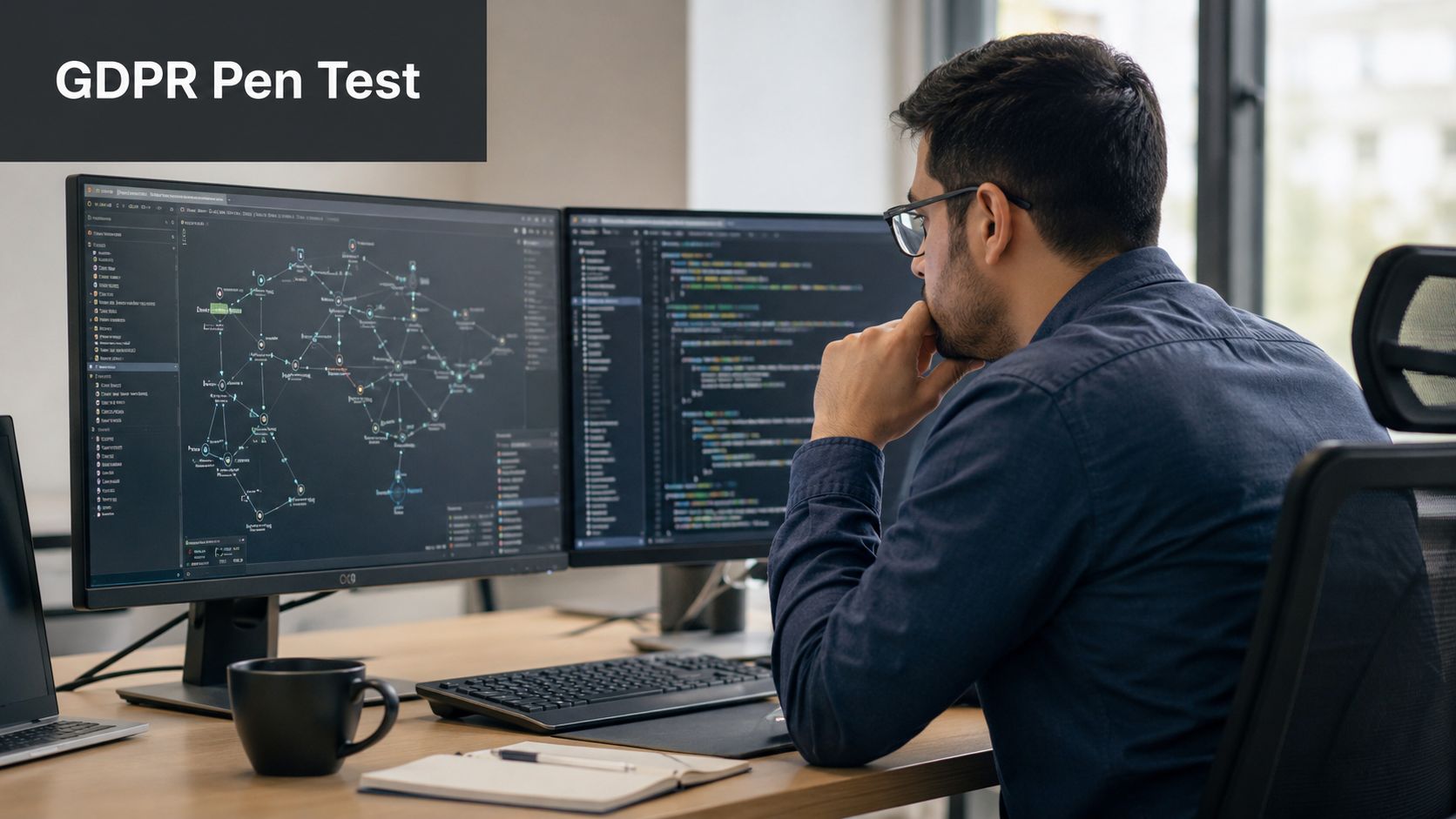 A professional developer sitting at a desk with two monitors displaying complex code and network diagrams.