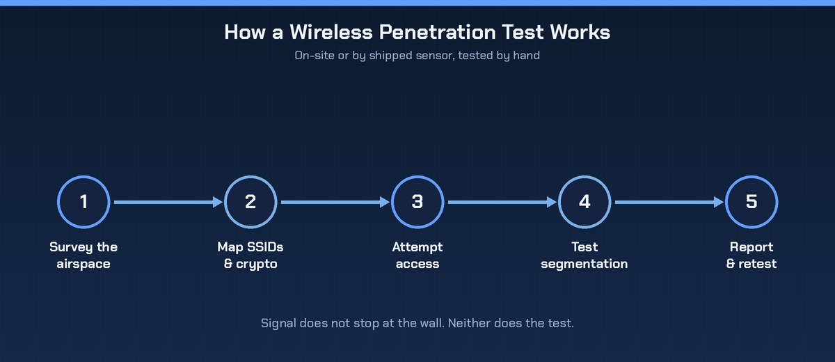Five-step wireless penetration testing process: survey the airspace, map SSIDs and encryption, attempt access, test segmentation and pivot, report and retest.