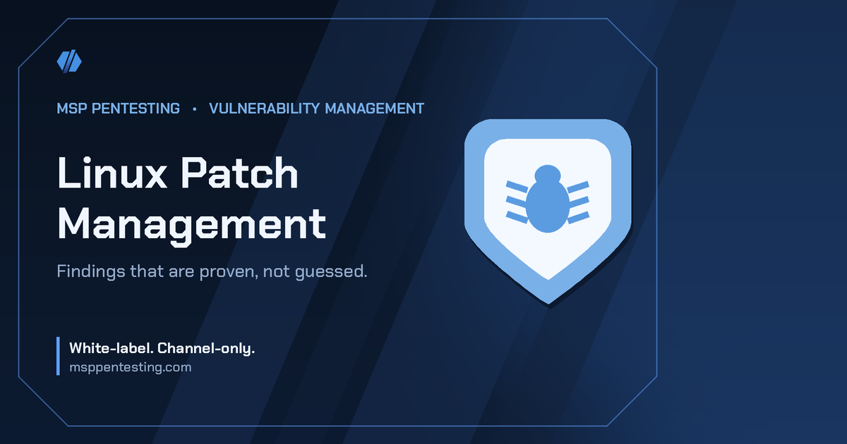Linux Patch Management title card with a shield icon in the MSP Pentesting brand style.