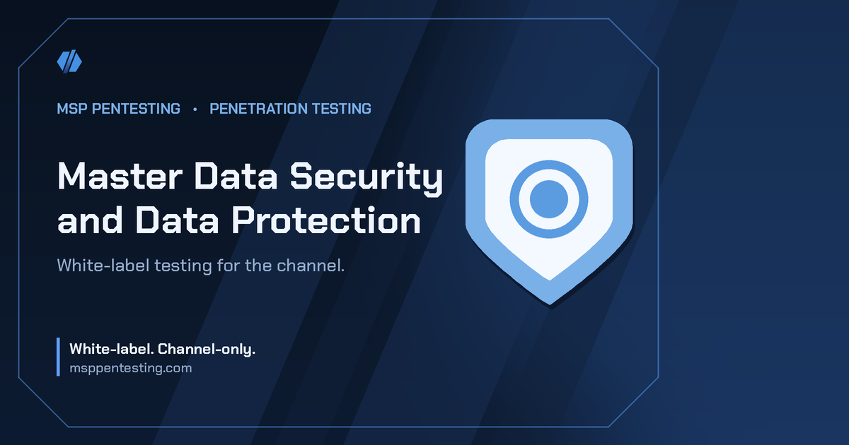 Master Data Security and Data Protection title card with a shield icon in the MSP Pentesting brand style.