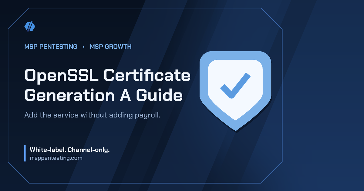 OpenSSL Certificate Generation A Guide title card with a shield icon in the MSP Pentesting brand style.