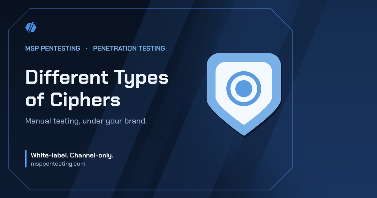 Different Types of Ciphers title card with a shield icon in the MSP Pentesting brand style.