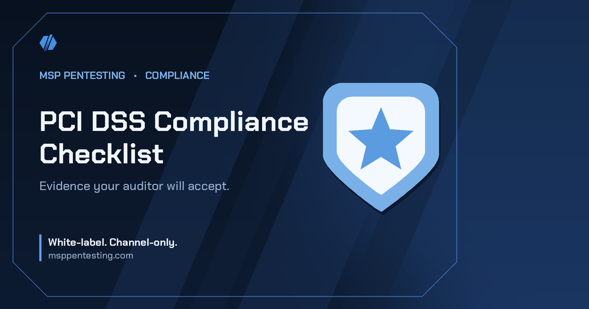 PCI DSS Compliance Checklist title card with a shield icon in the MSP Pentesting brand style.