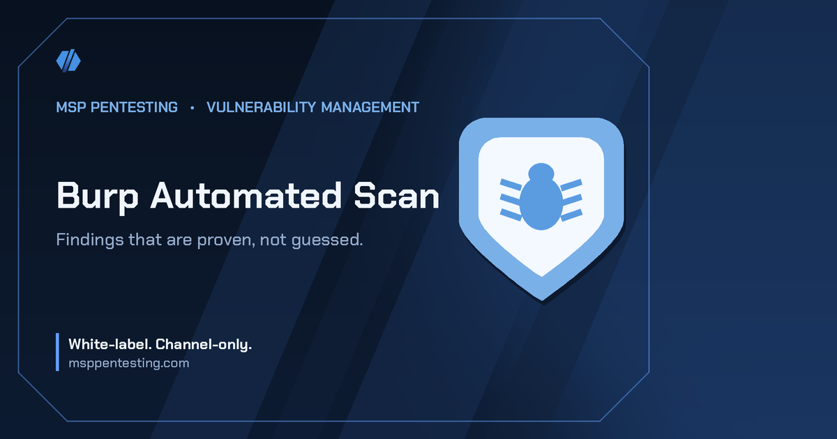 Burp Automated Scan title card with a shield icon in the MSP Pentesting brand style.