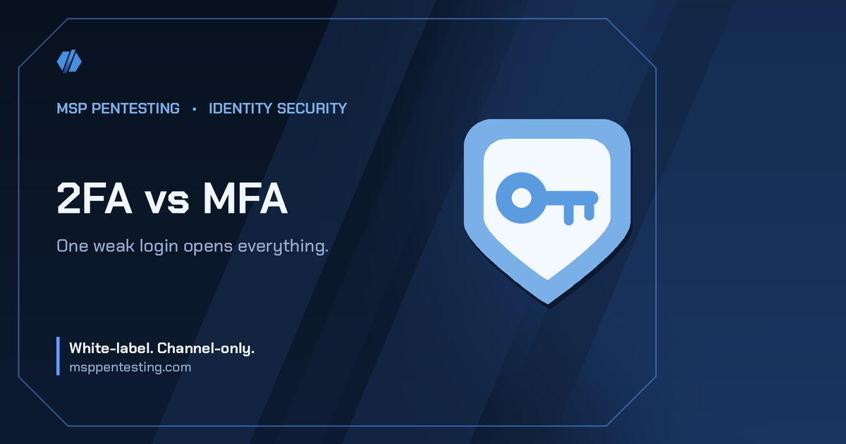 2FA vs MFA title card with a shield icon in the MSP Pentesting brand style.
