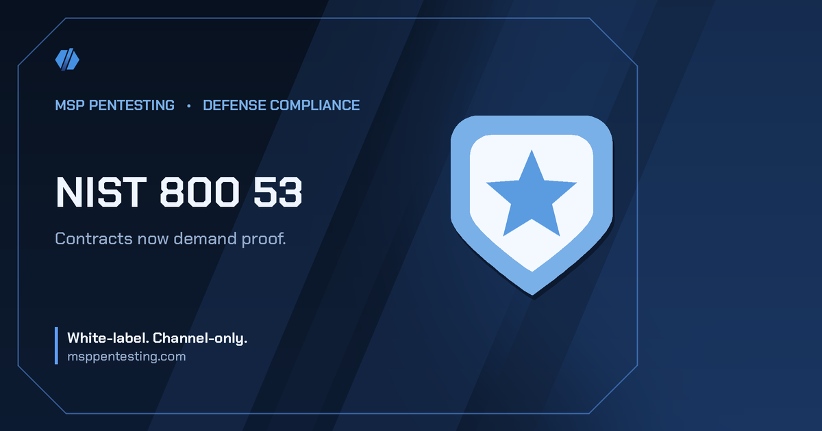 NIST 800 53 title card with a shield icon in the MSP Pentesting brand style.