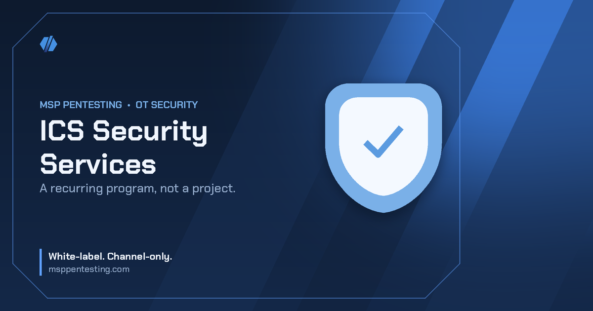 ICS Security Services title card with a check icon in the MSP Pentesting brand style.