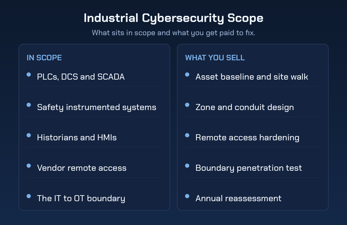Industrial Cybersecurity Scope checklist with two columns: IN SCOPE lists PLCs, DCS and SCADA, safety instrumented systems, historians and HMIs, vendor remote access, and the IT to OT boundary; WHAT YOU SELL lists asset baseline and site walk, zone and conduit design, remote access hardening, boundary penetration test, and annual reassessment.