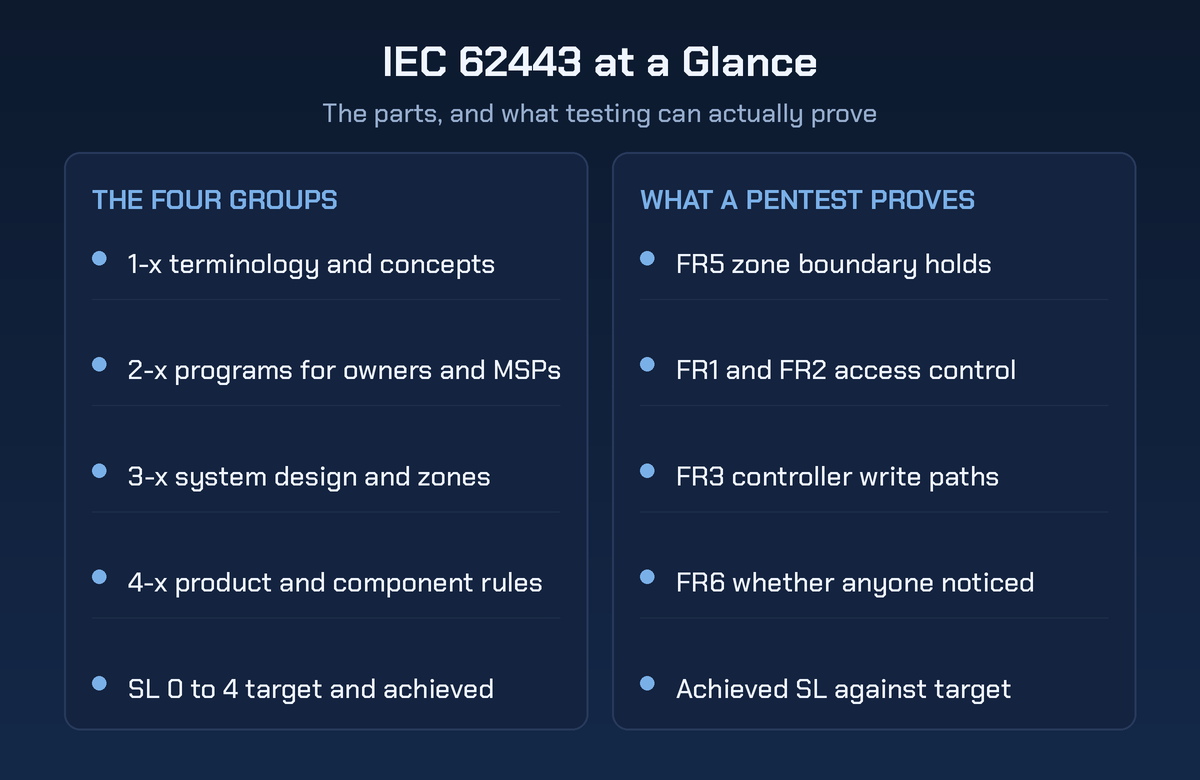 IEC 62443 at a Glance checklist with two columns: the four 62443 part groups and security levels 0 to 4 on the left, and what a penetration test proves against the foundational requirements on the right.