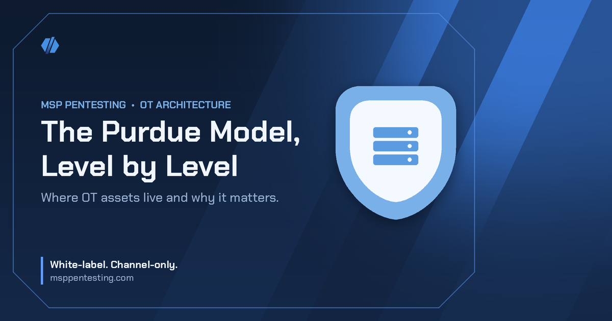 The Purdue Model, Level by Level title card with a server icon in the MSP Pentesting brand style.