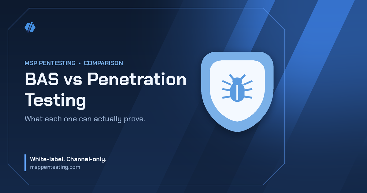 BAS vs Penetration Testing title card with a bug icon in the MSP Pentesting brand style.