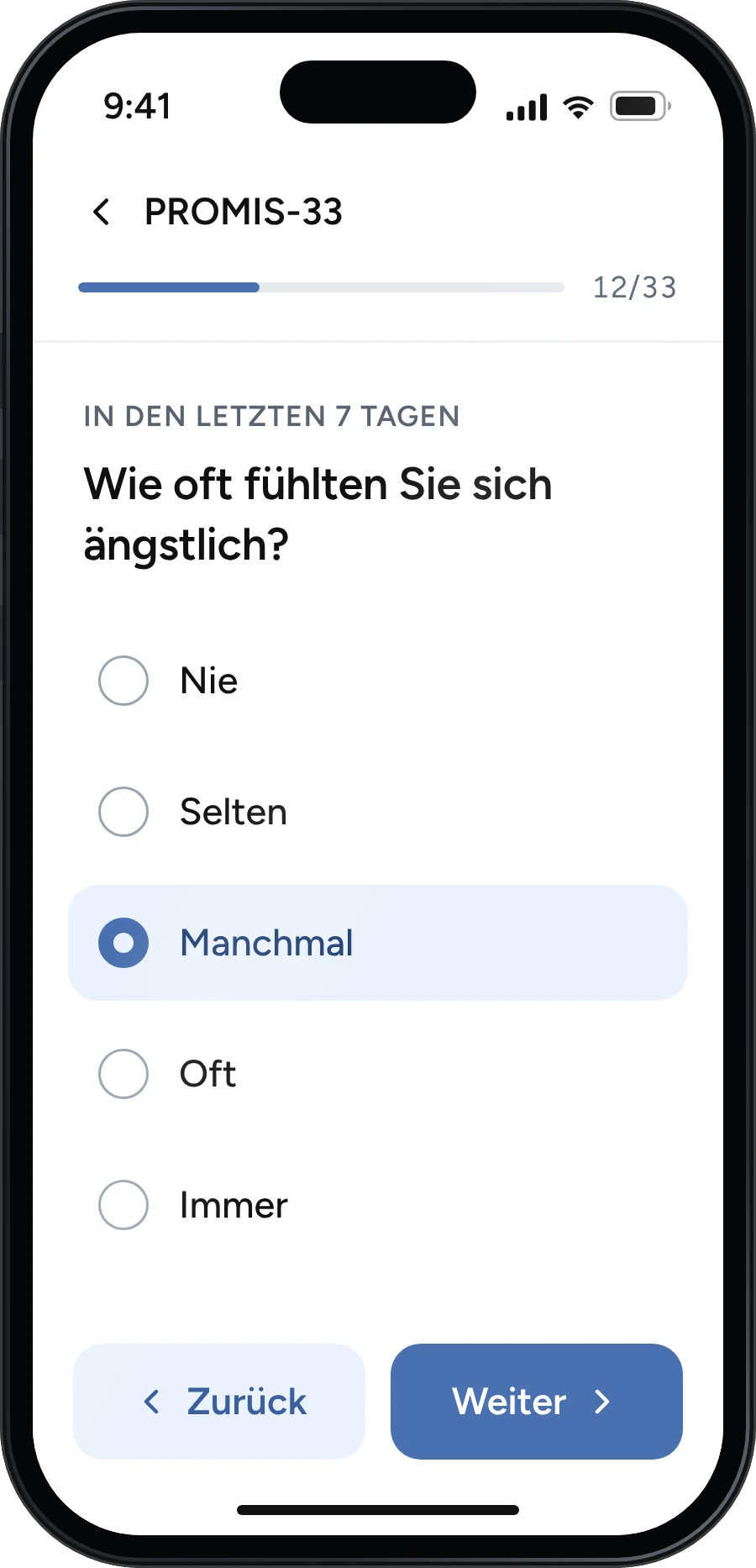 Eine PROMIS‑33‑Frage auf dem Smartphone