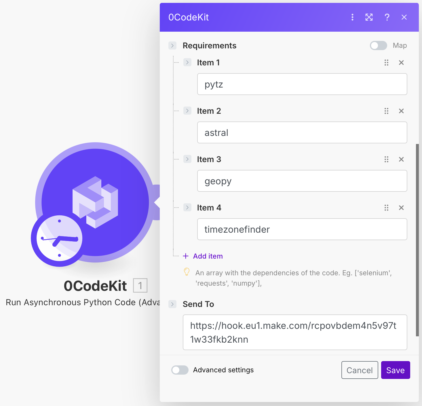 The 'Run Asynchronous Python Code' module in 0CodeKit.