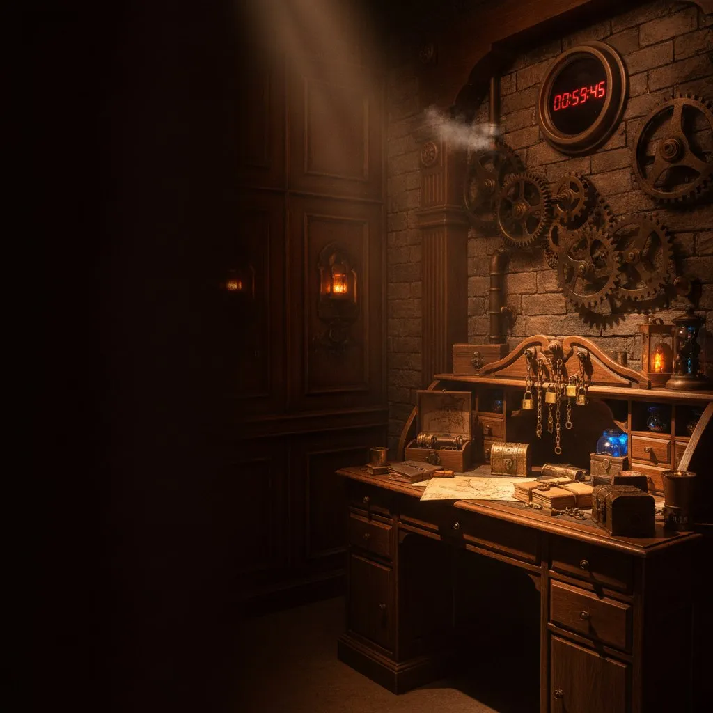Dimly lit escape room set built as a Victorian study with brass gears on the wall