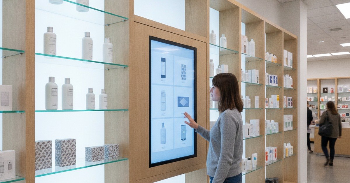 Customer using a wall mounted touchscreen beside shelves of skincare products
