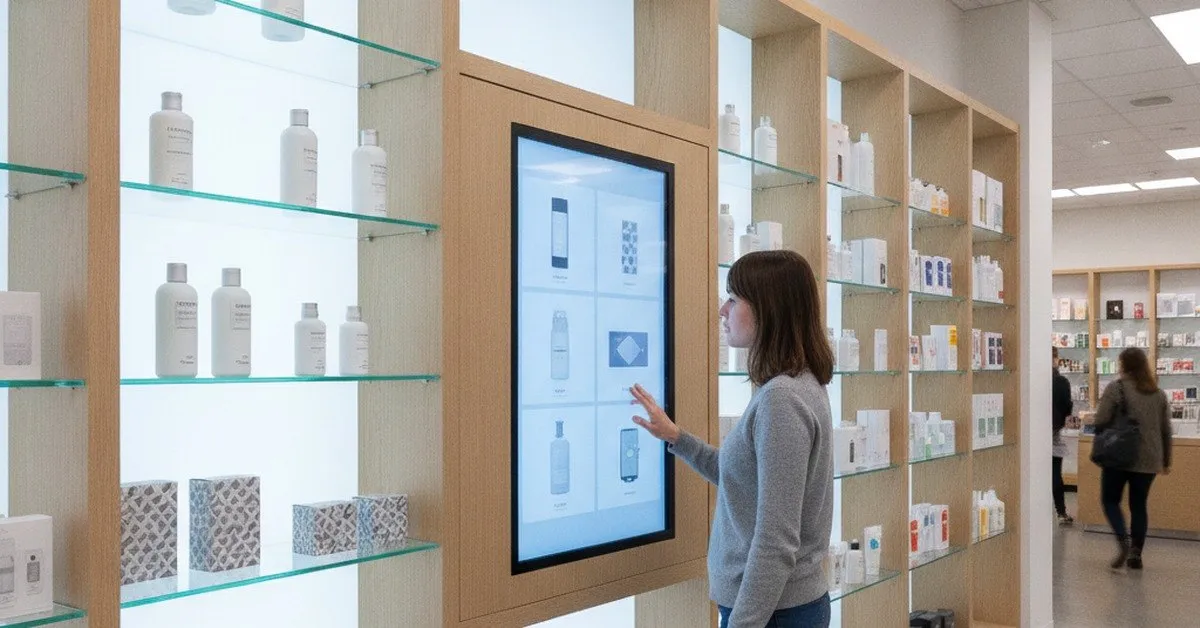 Customer using a wall mounted touchscreen beside shelves of skincare products