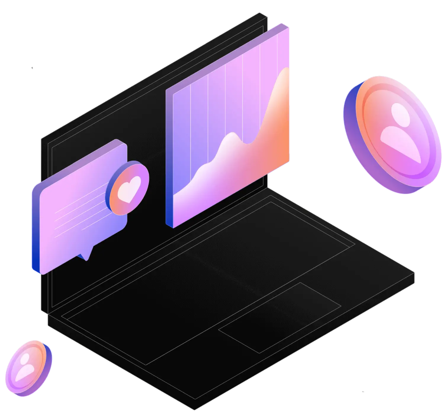 Ordinateur portable noir avec graphiques colorés et icônes utilisateur flottantes en violet et orange.
