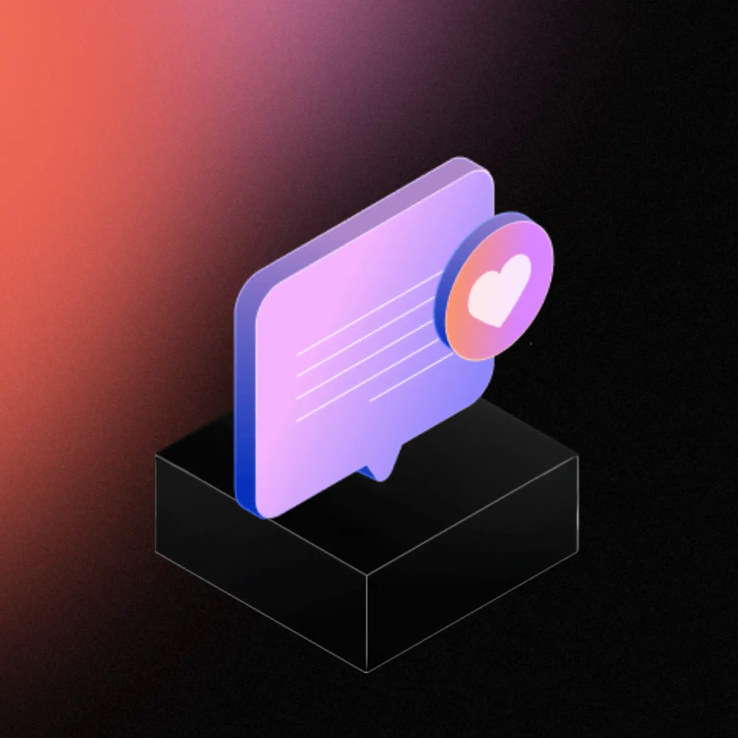 Icône de bulle de discussion violette avec un symbole de cœur sur un podium noir, fond dégradé orange et noir.