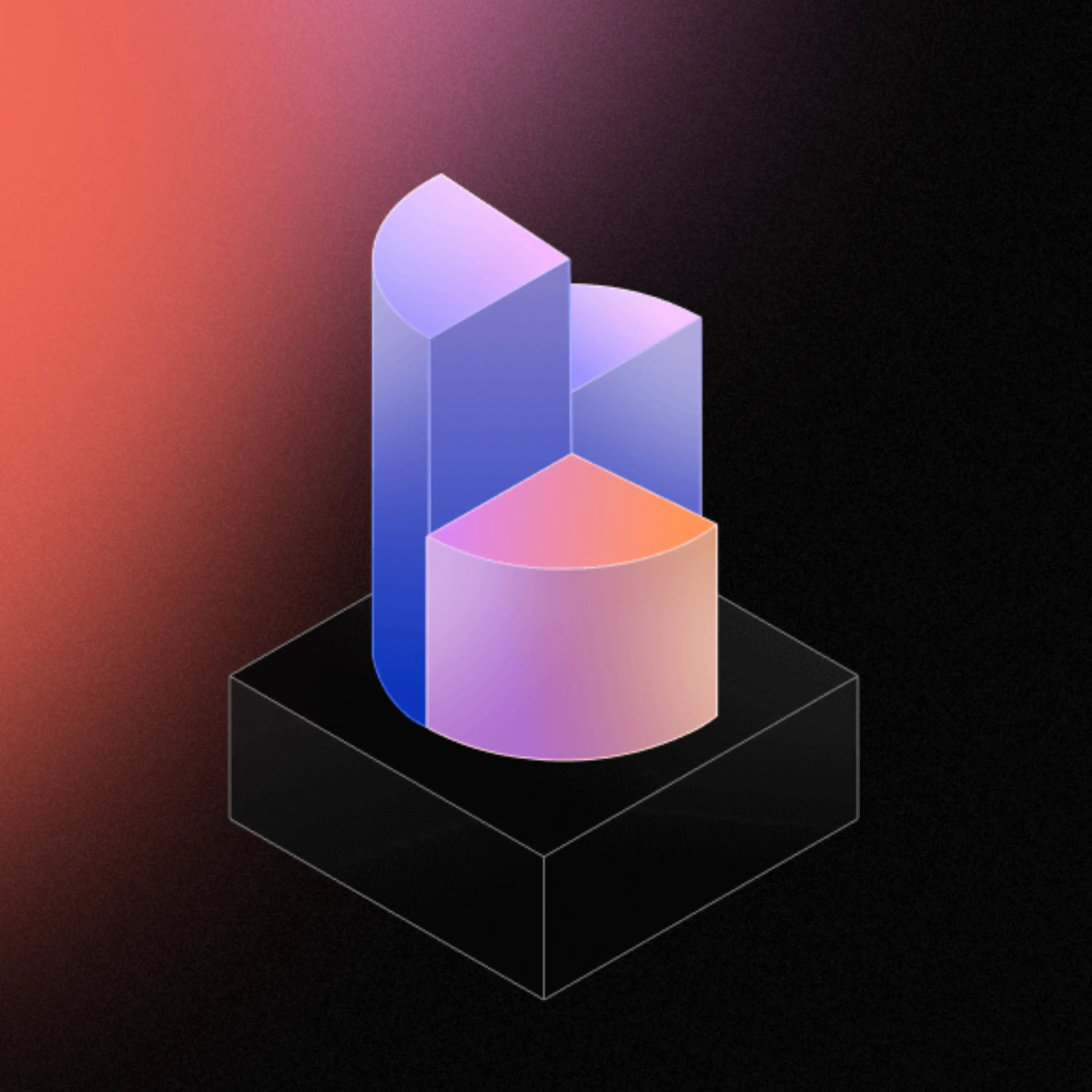 Diagramme circulaire en 3D avec des segments de différentes hauteurs et couleurs dégradées sur un socle noir.