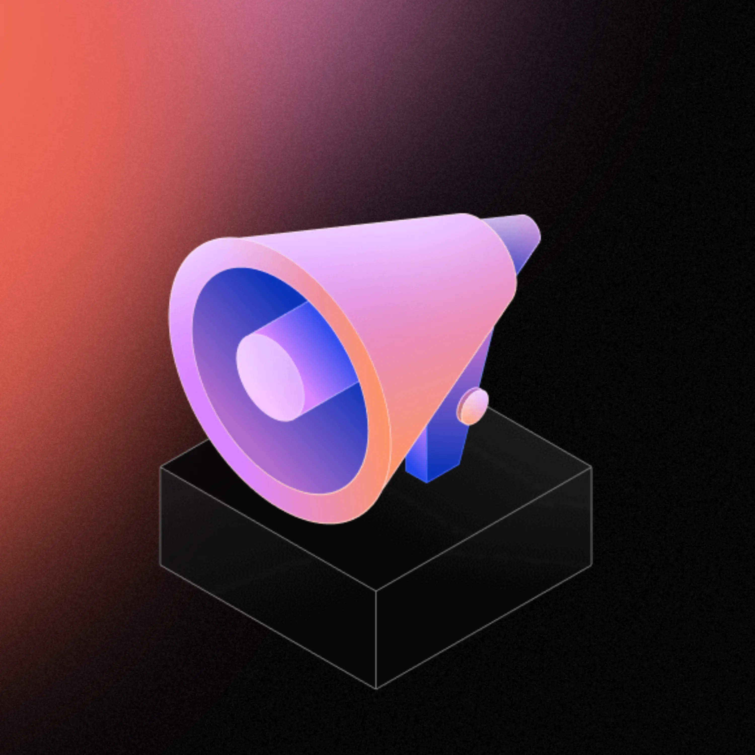 Illustration stylisée d'un mégaphone rose et violet sur un socle noir avec un dégradé orange en arrière-plan.