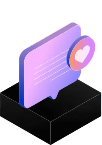Icône 3D violette d'une bulle de dialogue avec un cœur blanc à l'intérieur d'un cercle rose, posée sur une base noire.