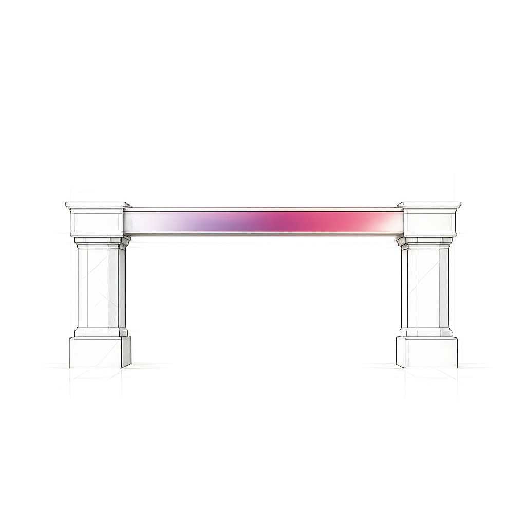 Stylized architectural sketch of a white marble archway with a horizontal beam glowing pink in the center.
