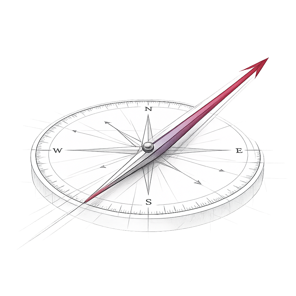Hand-drawn compass with a red and white needle pointing northeast on a gradient black and white background.