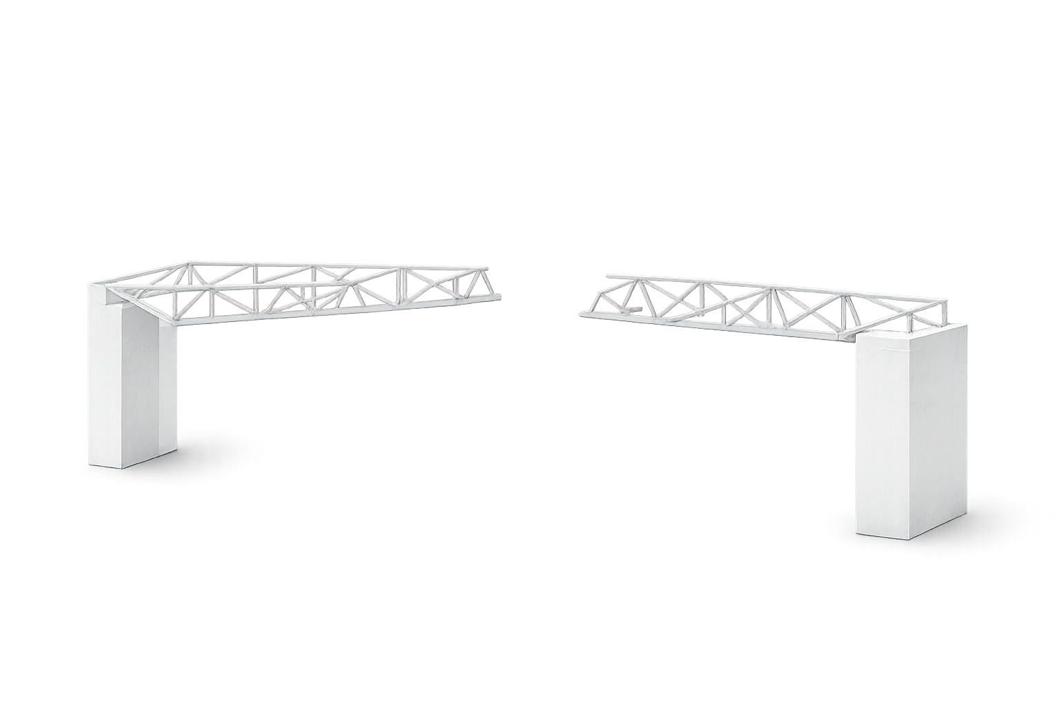 Two white partial bridge structures on gray gradient background with a gap between them.