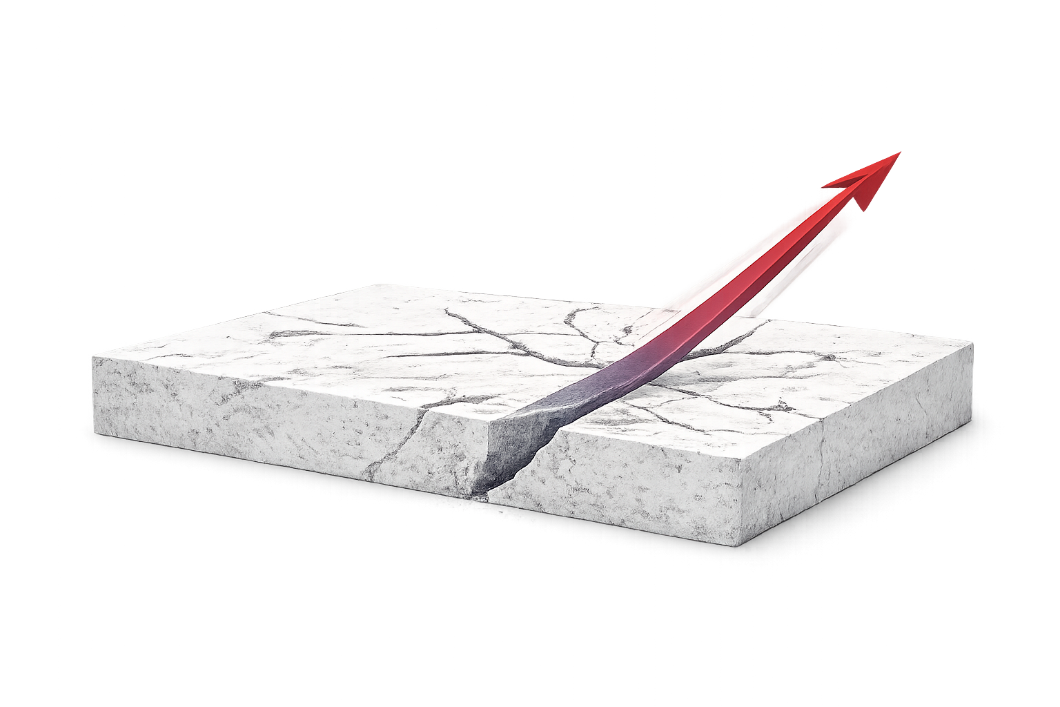 Cracked white concrete slab with a red arrow breaking through and pointing upwards.