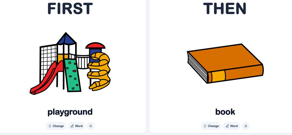 First/Then board showing a playground first and a book then