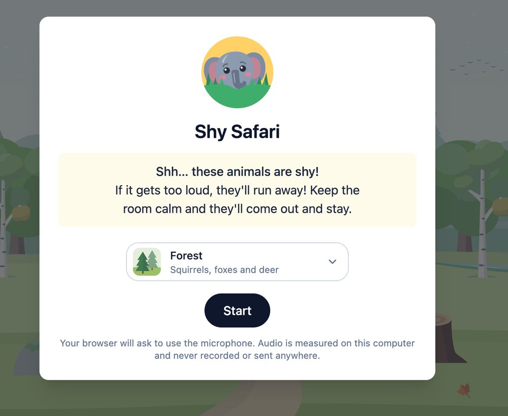 Shy Safari start screen with a forest scene