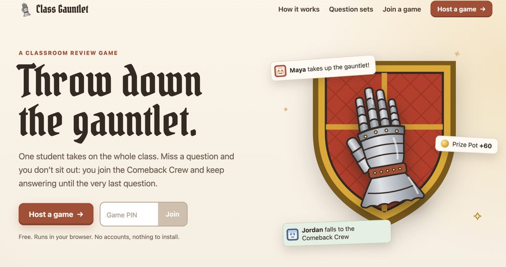 Class Gauntlet home page with a gauntlet on a shield
