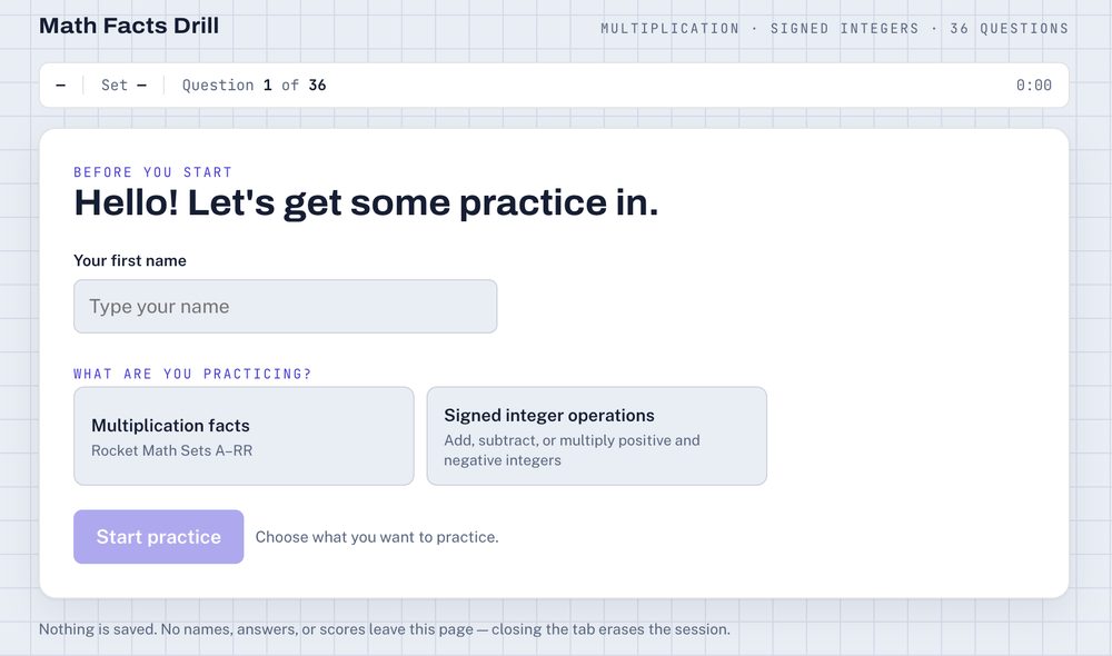 Math Facts Drill start screen