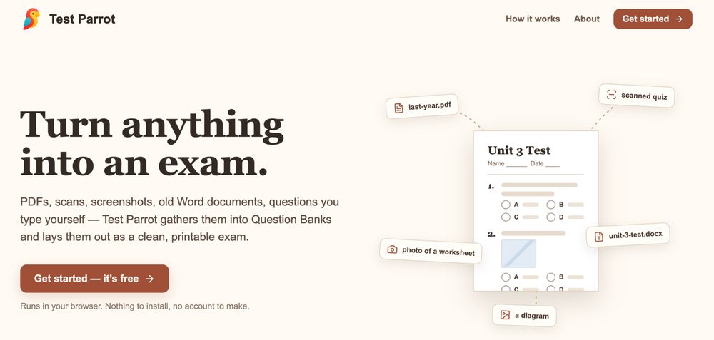 Test Parrot home page with the headline Turn anything into an exam